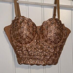 Elegant Tan Lace Embellished Crop Top